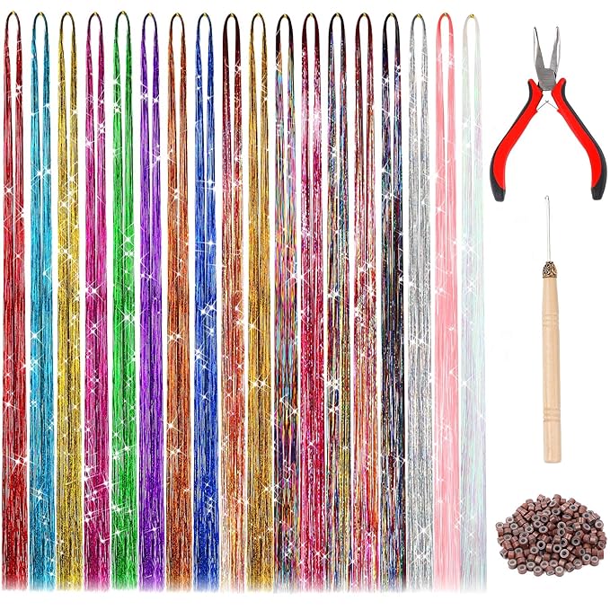 FEBSNOW 47Inches Hair Extension Tinsel with Tool 18 Colors 3600 Strands Hair Extension Tinsels Kit Glitter Hair Extensions for Women Girl Hair Accessories for Christmas New Year Wedding Birthday Party