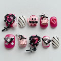 Halloween Press on Nails Short Square Cute Handmade Nails 3D Unique Reusable ABS Material Fake Nails Pink False Nails with Designs Cute Ghost Heart Charms Glossy Glue on Nail Thick Acrylic Nail(S)