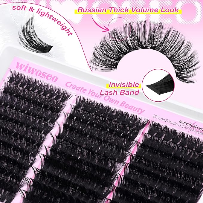 wiwoseo Fluffy Lash Clusters Kit Mink Lashes Clusters Kit Salon Like Eyelash Clusters Kit 80D+100D+120D Cluster Eyelash Extensions kit with Bond and Seal 10-18MM Full of Volume Individual Lashes Kit