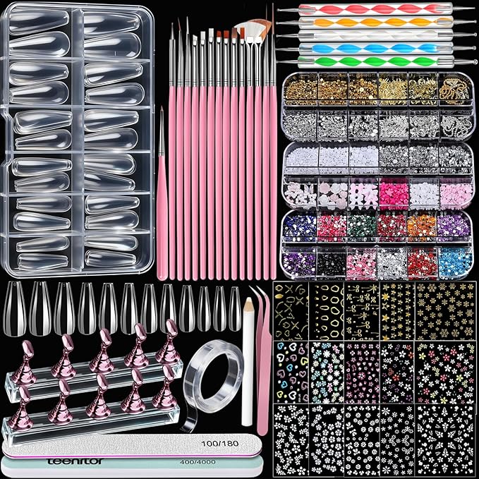 Teenitor Acrylic Nail Kit with Clear Coffin Nail Tips, Nail Charms and Gems, Nail Stickers, Nail Art Brushes, Nail Dotting Tools, Nail Stand, Press On Nails Kit for DIY Nail Art