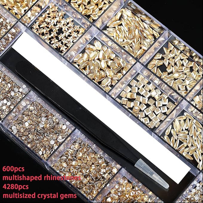 4880Pcs Champagne Rhinestones for Nails, Gold Crystal Nail Rhinestones Round Beads Flatback Glass Gems Stones, Multi Shapes 3D Nail Crystals for Nail Art DIY Crafts Clothes Shoes Jewelry