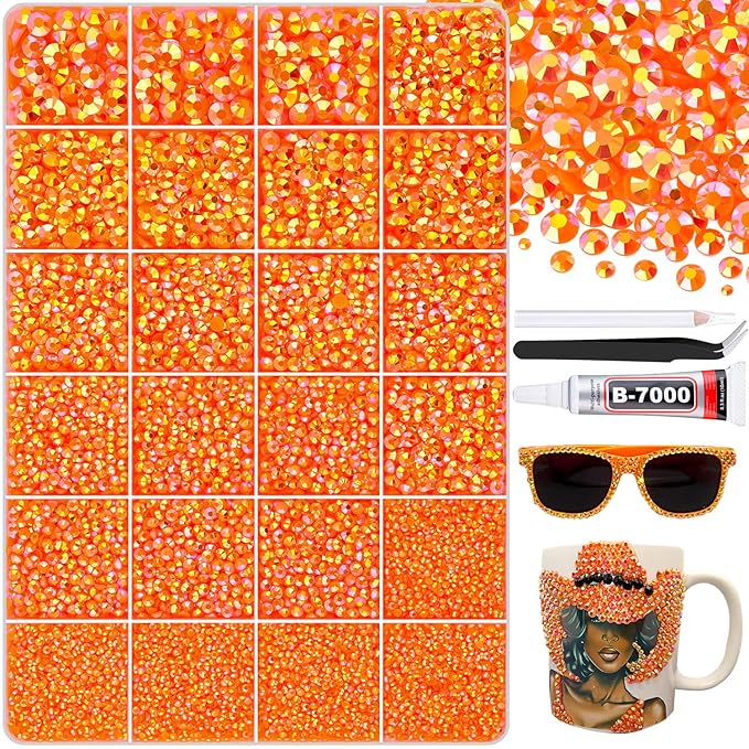 25000Pcs Orange AB Rhinestones for Bedazzling with B7000 Jewelry Glue, Non Hotfix Flatback Gems, Crystal Resin Rhinestones for Crafting Crafts Clothing Tumblers Mugs Shoes Fabric Decor Nail Art