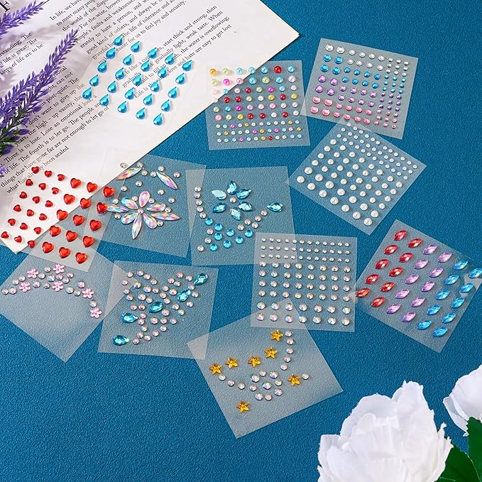 Craftdady 12 Sheets Resin Rhinestone Stickers Heart Teardrop Flower Star Stick On Face Gems Stick On Nail Body Resin Beads for Halloween Makeup Nail Art Wedding Scrapbook