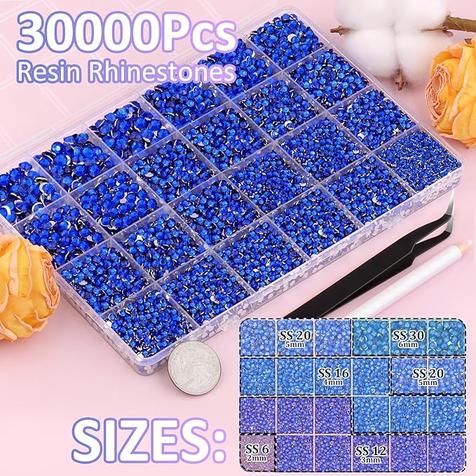 30000Pcs Royal Blue Rhinestones for Bedazzling with B7000 Jewelry Glue, Bedazzler Kit Flatback Gems, Resin Rhinestones for Crafting Crafts Clothing Shoes Fabric Nail Art Assorted Size 2/3/4/5/6mm