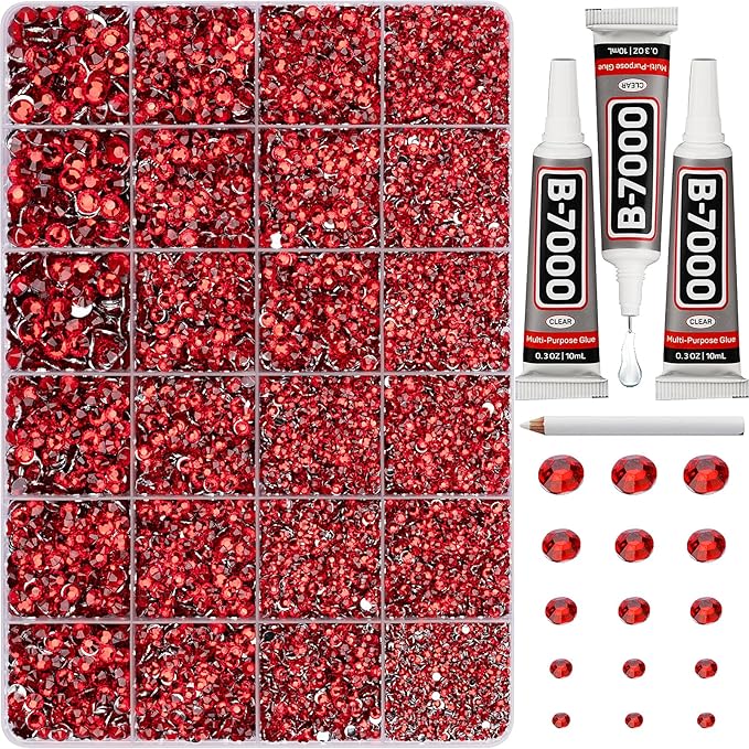 33000Pcs Red Rhinestones for Bedazzling, Bedazzler Kit with Flatback Craft Rhinestones Light Siam Bulk and B7000 Glue, 2,3,4,5,6mm Resin Flat Back Crystals for Craftings, Crafts, Clothes, Shoes, Nails