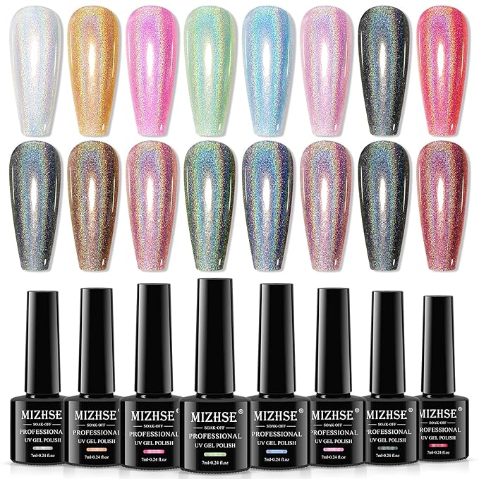 MIZHSE 8 Colors Holographic Gel Nail Polish, Laser Iridescent Gel Polish Set, Chrome Rainbow Shimmer Glitter Nail Gel, Sparkly Shiny Gel Polish Silver Pink Nail Art Salon at Home Women Gift