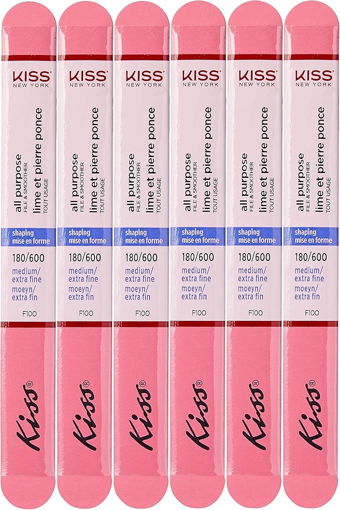 Kiss File All Purpose & Smoother 180 Medium / 600 Extra Fine F100N - Pack of 6 Files & Smooths Natural and Artificial Nails