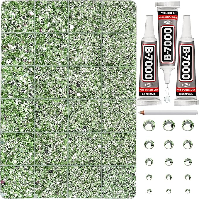 33000Pcs Light Green Rhinestones for Bedazzling, Bedazzler Kit with Flatback Craft Rhinestones Bulk and B7000 Glue, 2,3,4,5,6mm Resin Flat Back Crystals for Craftings, Crafts, Clothes, Shoes, Nails