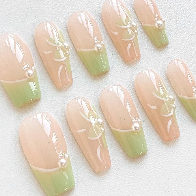 Long Ballerina Press On Nails, Pearl-Decorated Pink and Green French Tips, Handmade False Nail 10 Pieces (XS,LB)