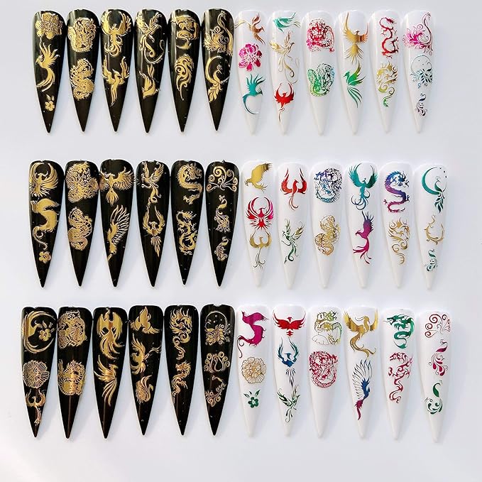 NAIL ANGEL 12Sheets Nail Art Adhesive Sticker Sheets Gold and Rainbow Color Dragon Peacock Phoenix Shapes Nail Art Decoration 10257
