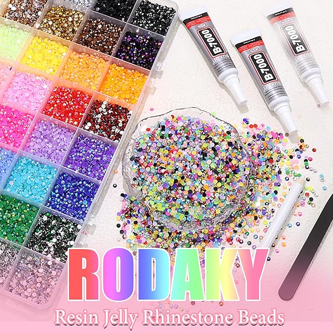 RODAKY Jelly Rhinestone for Bedazzling 40 Color Resin Rhinestones 3mm Flatback Gems Crystal Rhinestone Kit with 3Pcs 10ml B7000 Glue Diamond Jewels for Crafting DIY Art