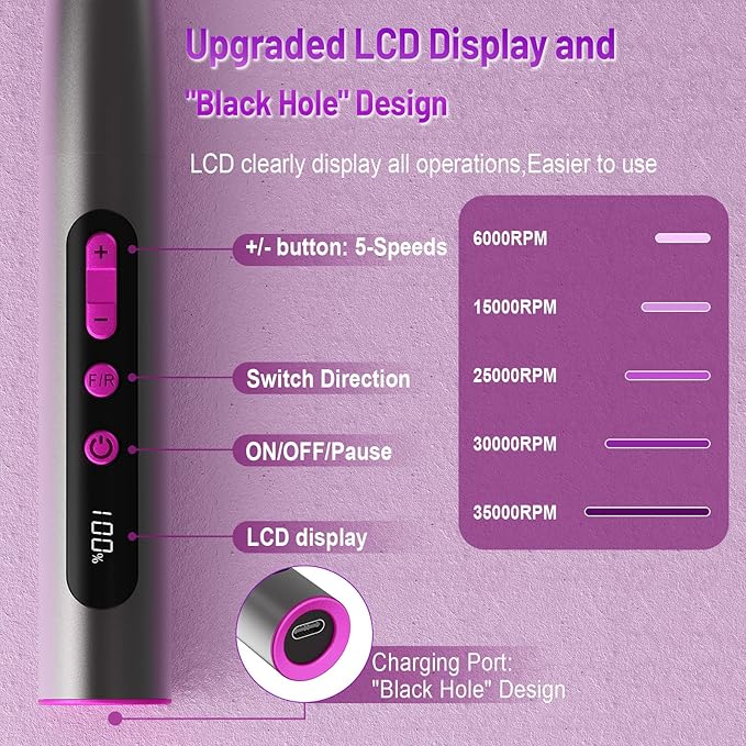 Electric Nail Drill Professional, 35000RPM Cordless Acrylic Nail Kit for Nail Polish Remover, Electric Nail File Buffer Grinder, Nail Filer Electric Manicure and Pedicure kit (Matte Gray)