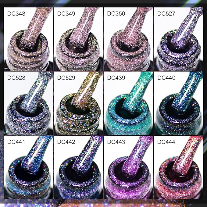 MTSSII Reflective Glitter Gel Nail Polish Set of 12 Colors Pink Red Silver Shimmer Sparkle Gel Polish Collection Kit LED Soak Off Nail Polish Manicure Art Gel Kit Home DIY Nail Salon