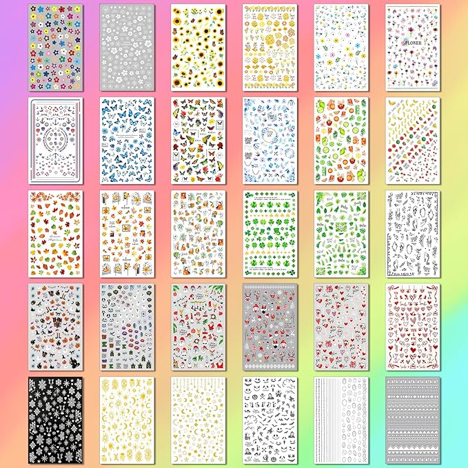 30 Sheets All Holiday Nail Art Stickers, Variety Pack Seasonal Nail Decals, Self-Adhesive Colorful Design for Daisy Flowers Butterflies Star Halloween Christmas