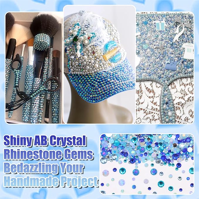 RODAKY Blue Rhinestone Flatback Gems for Bedazzling 3/4/5/6mm Crystal Rhinestones 2PCS 10ml B7000 Jewelry Glue Tweezers Pen Making Kit for DIY Craft Clothing Shoes