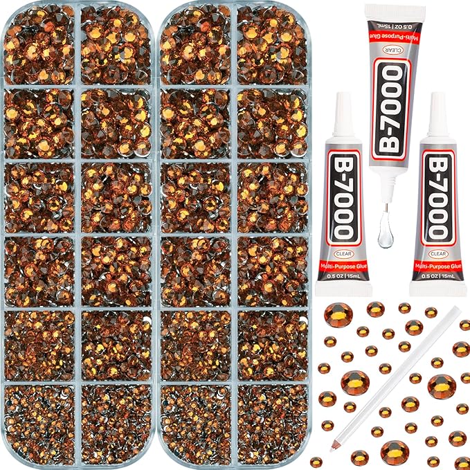11000Pcs Burnt Orange 2/3/4/5mm Flatback Rhinestones with Glue for Bedazzling Crafting Clothing Clothes Crafts Shoes Nail Art, Resin Flat Back Gems Crystals Diamonds Gemstones Jewels Stones Kit
