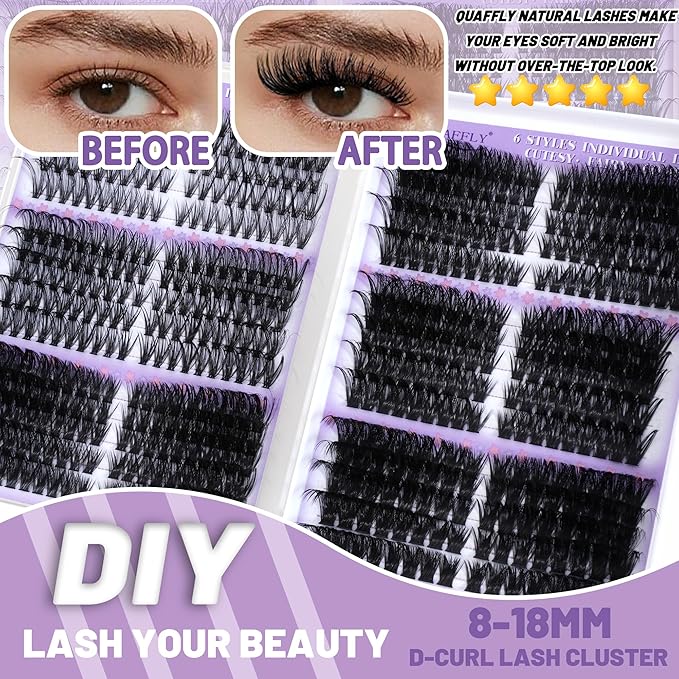 Lash Clusters Kit 1018 Pcs Eyelashes Clusters Extensions Kit 8-18mm Individual Lashes Volume False Eyelashes With Bond Seal*2 Remover Tweezers Brush*10 For DIY Lash Extensions