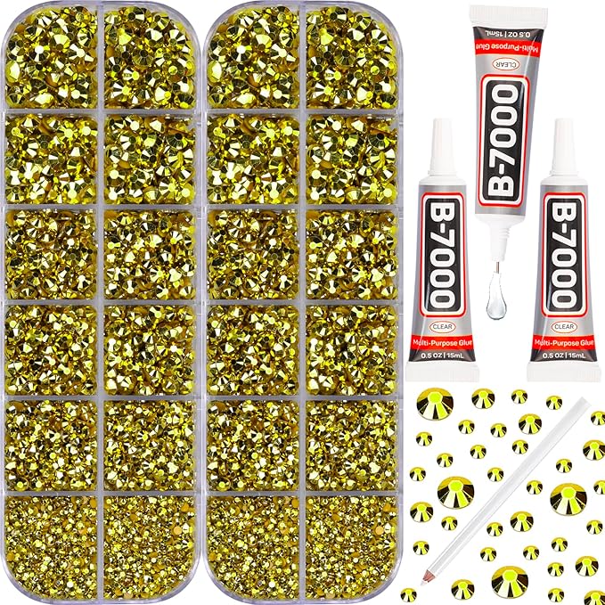 11000Pcs Metallic Gold 2/3/4/5mm Flatback Rhinestones with Glue for Bedazzling Crafting Clothing Clothes Crafts Shoes Nail Art, Resin Flat Back Gems Crystals Diamonds Gemstones Jewels Stones Kit