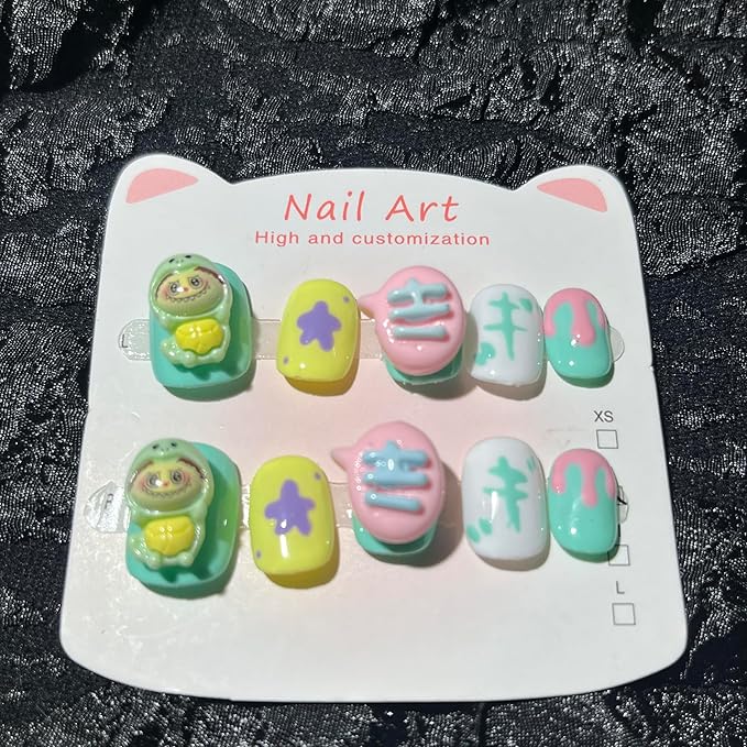Short Press on Nails Handmade Nails 10Pcs GREEN BUBU Cute Manual Press on Nails for Women Party Holiday Photo 25mm Long Size S