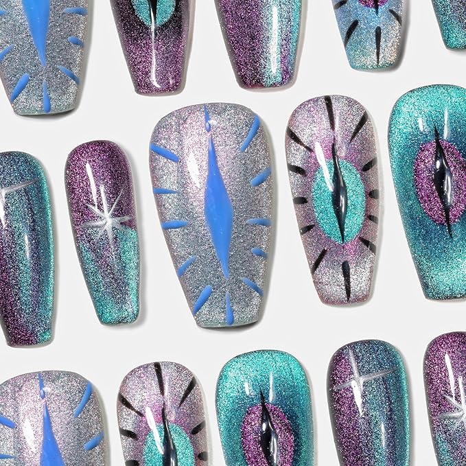 Sun&Beam Nails Handmade Press-on Medium Long Coffin Ballerina Purple Silver Blue Hand-painted Magnet Cool Design Fashionable False Nail Tips 10 Pcs Set (#144 L?