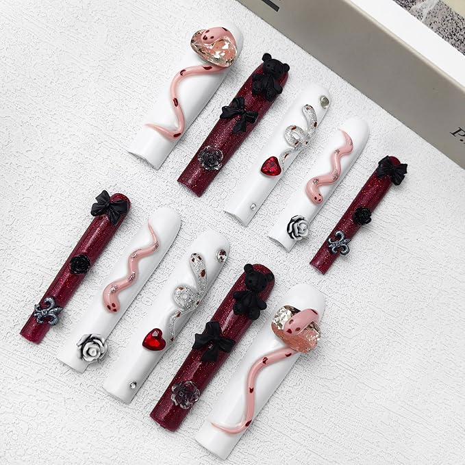 2025 Long Handmade PMMA Acrylic Press-On Nails with Rhinestone Snake Rose Design, Dark Bear Collection Nails, Reusable Fake Nails w/Box, Gift for Women (White & Red, Medium)