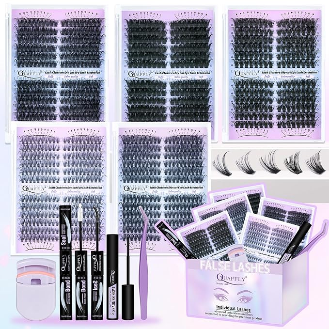 Lash Extension Kit 30-100D Volume Eyelash Extensions Kit 7-16mm Individual Lashes Clusters D Curl with Bond and Seal Remover Tweezers Lash Curler DIY Lashes at Home