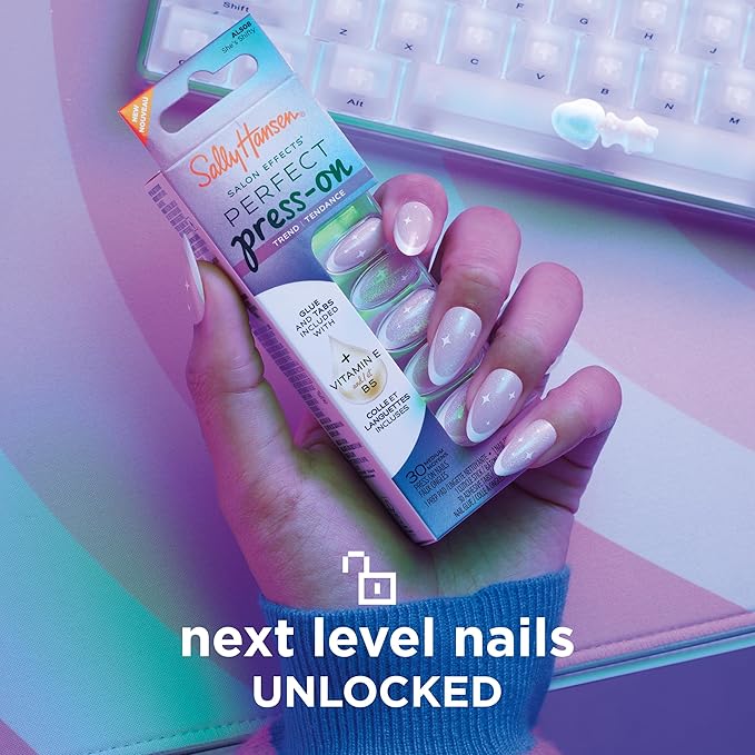Sally Hansen Salon Effects Perfect Press-On Nails | Almond Shape | Easy to Apply, Non-Damaging | 30 Nails, Nail Glue, Adhesive Tabs, File | She's Shifty