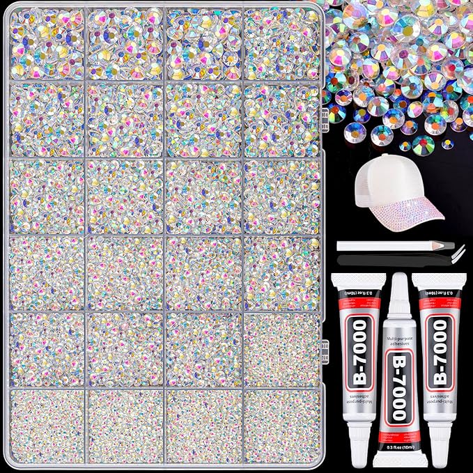 25000Pcs Resin Rhinestones with B7000 Jewelry Glue for Crafting, Transparent AB 2-6mm Non Hotfix Flatback Gems, Bedazzling Crystal for DIY Crafts Clothing Tumblers Mugs Shoes Fabric Decor Nail Art