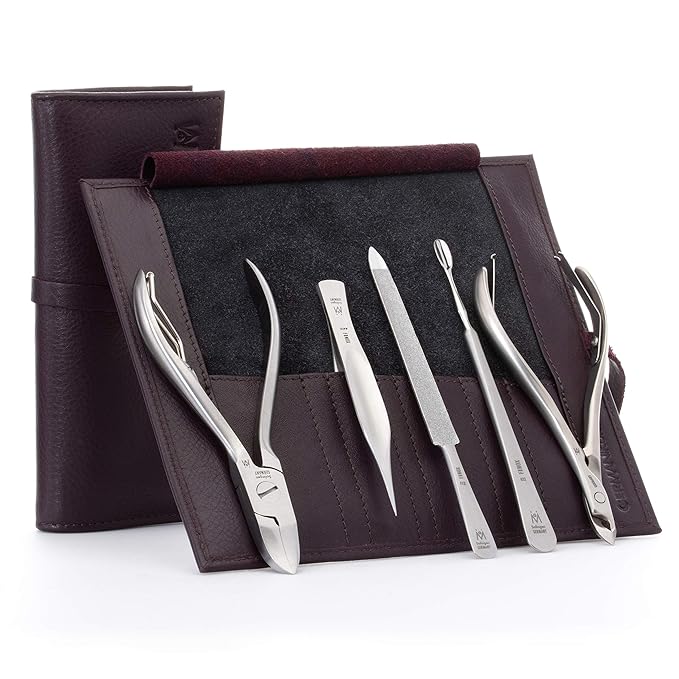 GERMANIKURE 5pc Manicure Set in Deep Purple Leather Case - Made in Germany, FINOX Stainless Steel Tools – Professional Mens Grooming Kit