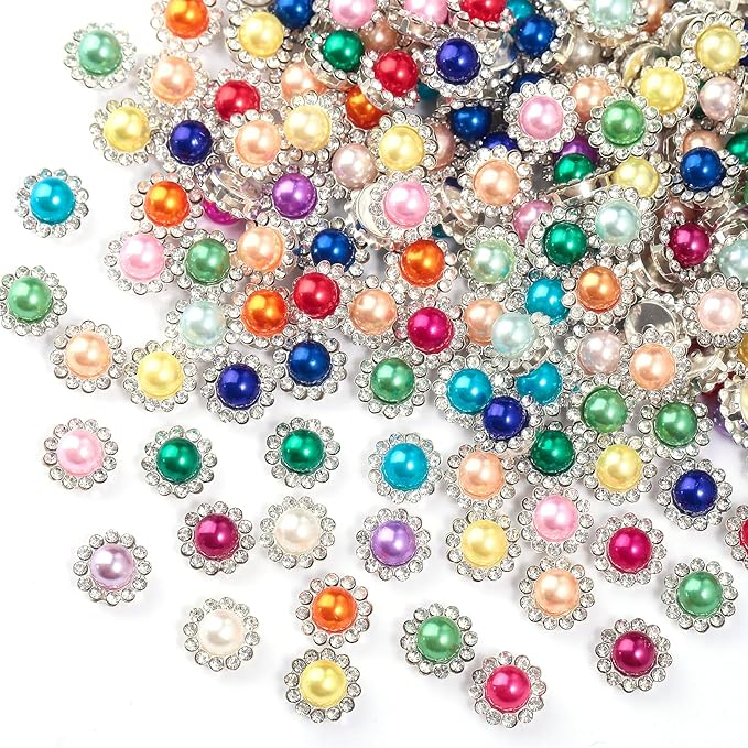 100 Pcs 12MM Sew on Rhinestones Mixed Colors Crystal Glass Metal Base Flower Shape，Flatback Pearls for Crafting，Sewing Accessories for Clothes and Shoes
