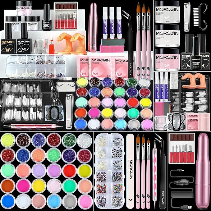 Morovan Acrylic Nail Kit for Beginners: Professional Nails Kit Acrylic Set With Everything Complete Starter Set - with 3 Colors Powder and Glitter Powder