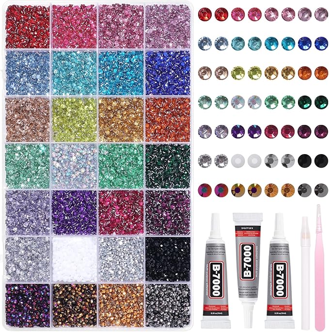 32000Pcs Color Rhinestones Bedazzling Kit, 3mm Flatback Pink Purple Blue White Colored Gems for Crafting, Bedazzling Kit for Crafts Clothing Shoes Bottle Diamond Nail Art Face DIY