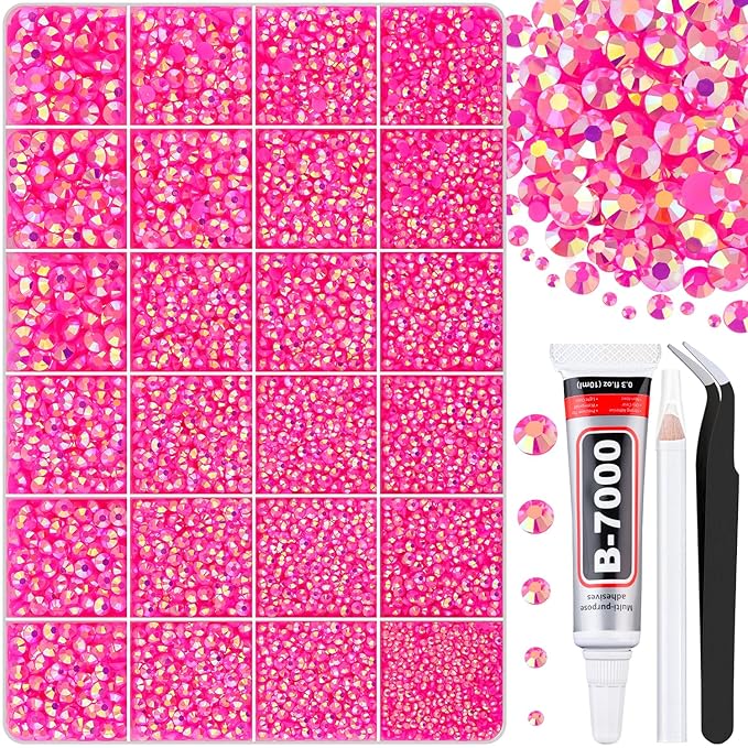 30000Pcs Hot Pink AB Rhinestones for Bedazzling with B7000 Jewelry Glue, Bedazzler Kit Flatback Gems, Resin Rhinestones for Crafting Crafts Clothing Shoes Fabric Nail Art Assorted Size 2/3/4/5/6mm