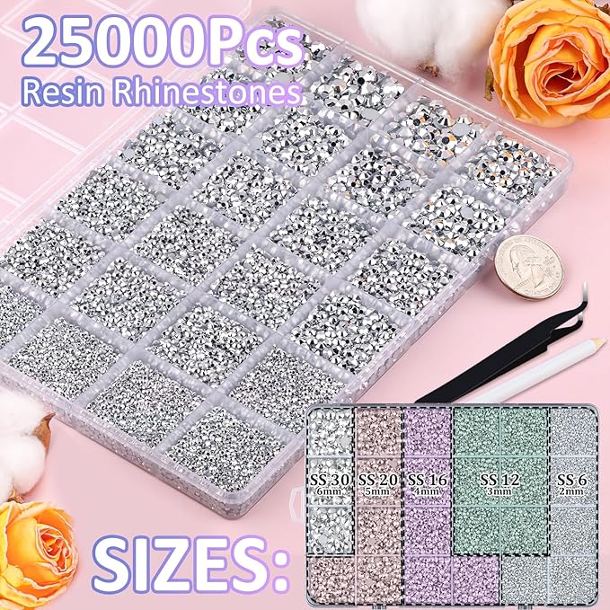25000Pcs Resin Rhinestones with Tweezers for Crafting, Silver 2-6mm Mixed Sizes Bedazzling Crystal with 3Pcs 10ml B7000 Jewelry Glue for DIY Crafts Clothing Tumblers Shoes Fabric Nail Art