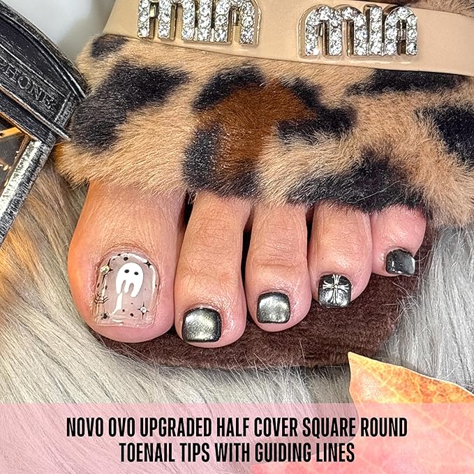 NOVO OVO Upgraded Flexible Half Cover Soft Gel Fake Toe Nail Tips with Auxiliary Line for Toenail Extension, Square Round Medium Wide for Men Women Acrylic French Pedicure Salon DIY x 15 Sizes 300 Pcs