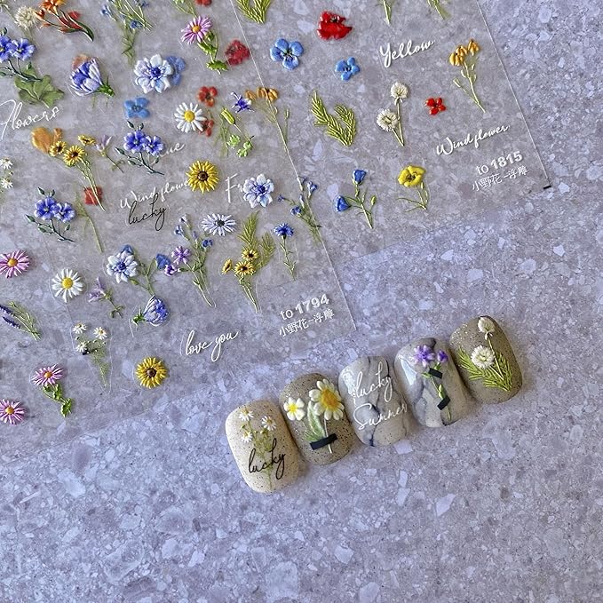 Nail Stickers, 3 Sheets 5D Embossed Art Decals, Self-Adhesive Sticker Charms for Manicure Pedicure, Butterfly Floral, Multicolor