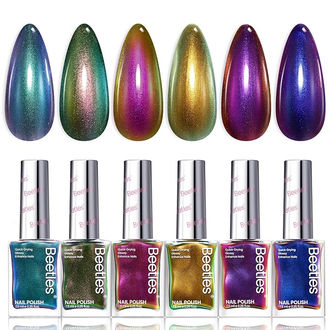 Beetles Chrome Nail Polish Set - Chameleon Holographic Ember 6 Colors Air Quick Fast Dry Metallic Nail Polish Long Lasting DIY Fingernail Art Home Salon Valentines Gifts for Girls Women