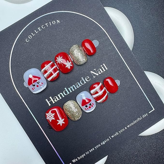 100% Handmade Press on Nails Short Square Handmade Nails with Red Christmas Hat Design Christmas False Nails Snow Stripe Nail Press ons Reusable Gold Glitter Holiday Fake Nails for Women Size L 10Pcs
