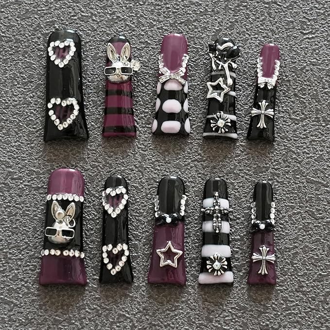 Press on Nails Gothic Long Duck - Metallic Long Duckbill False Nails Tri-Color Black, Purple & Hot Pink with 3D Metal Charms Cross, Star, Heart for Party, Festival (Dark Romance,L)