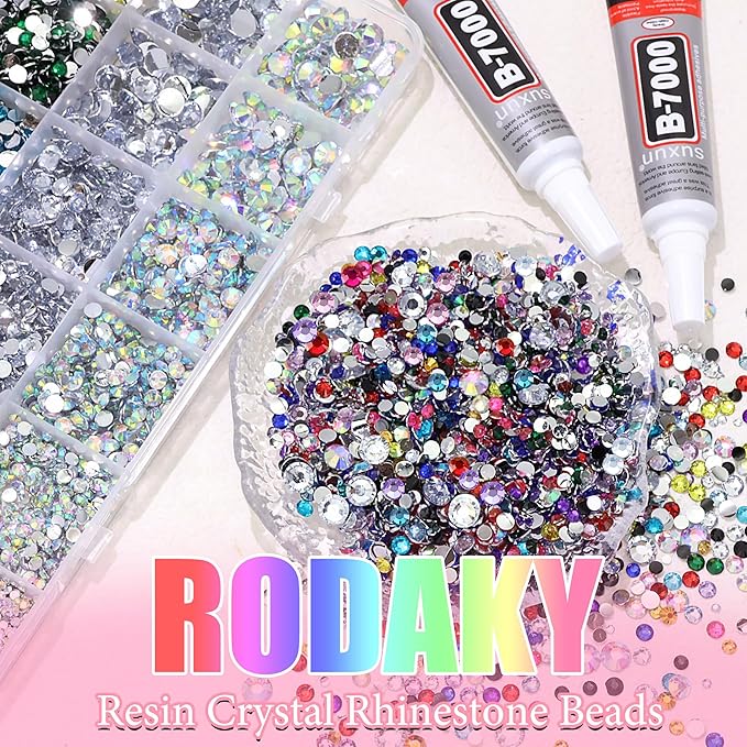 RODAKY 30000Pcs Resin Rhinestone Flatback Crystal Gems Mixed Size AB Clear Rhinestones for Bedazzling Kit with 2PCS 10ml B7000 Glue Tweezers Pen Bedazzled Gem for Crafting