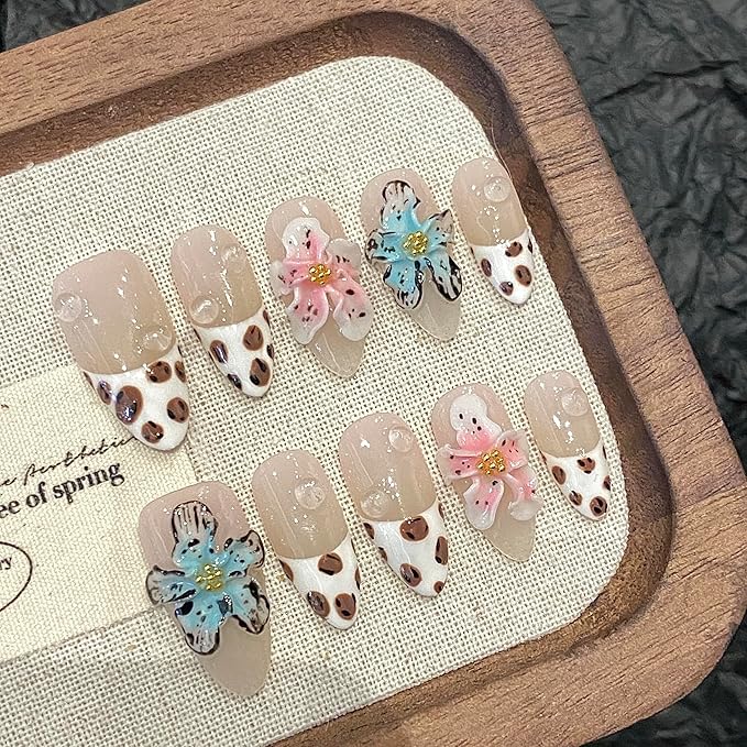 Handmade Press on Nails – Reusable False Nails with Leopard Print French Design, Gradient Tropical 3D Flower Art, Medium Almond Shaped Fake Nails (10PCS-S)