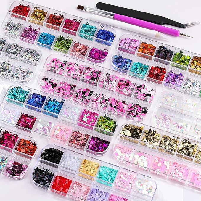 10 Boxes Holographic Nail Glitter Sequins Kit,Mixed Shape Iridescent Laser Butterfly Heart Star Maple Leaf Cherry Blossoms Sakura Petal Nail Art Flakes with Tweezers & Dotting Tools for Nail Craft