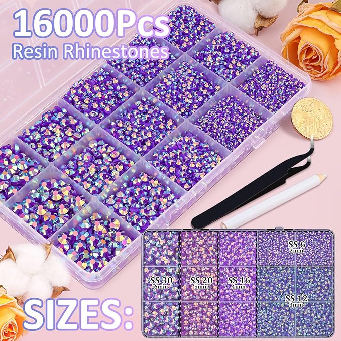 16000Pcs Resin Jelly Rhinestones with Tweezers for Crafting, Dark Purple AB 2-6mm Mixed Sizes Flatback Gems, Bedazzling Crystal for DIY Crafts Clothing Tumblers Mugs Shoes Fabric Nail Art
