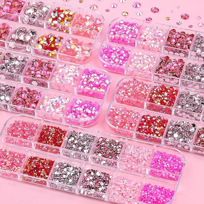 5 Boxes 12420pcs Sparkling Crystal Nail Rhinestones Kit, Flatback Multicolor Transparent Jelly AB Mermaid Gems with Pick Up Pen and Curved Tweezers for Manicure Salon & Craft DIY Designs (Pink)