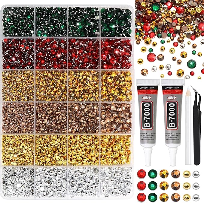 RODAKY 9000PCS Green Red Resin Rhinestones Bedazzling Gems for Craft Gold Silver Flatback Pearls with 2pcs 10ml B7000 Jewelry Glues Tweezers Dotting Pen Christmas Bedazzler Kit