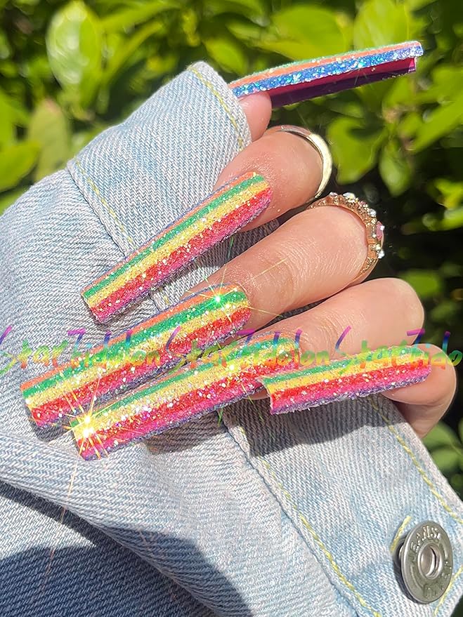HAND-PAINTED White Press Ons Neon Small Press on Nails Long French Press on Nails Coffin Medium Short Nail art Fake Nail Art Kit with 7g Glue on Nails Handmade Almond Square Nails (Large, J8)