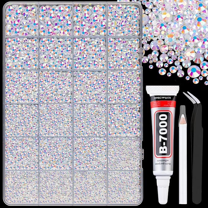 25000Pcs Resin Rhinestones for Crafting, White AB 2-6mm Mixed Sizes Non Hotfix Flatback Gems with 1Pcs Glue, Bedazzling Crystal for DIY Craft Clothing Mugs Tumblers Shoes Fabric Decor Nail Art