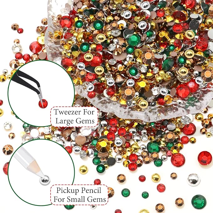RODAKY 9000PCS Green Red Resin Rhinestones Bedazzling Gems for Craft Gold Silver Flatback Pearls with 2pcs 10ml B7000 Jewelry Glues Tweezers Dotting Pen Christmas Bedazzler Kit
