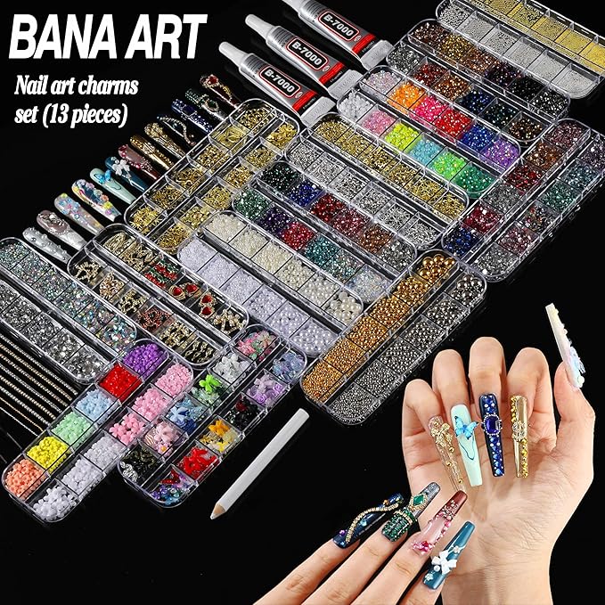 BANA Nail Charms for Rhinestones Kit with 13 Boxes of Nail Gems, 18000Pcs 3D Gold and Silver Nail Charms with Cross, Crown, Pearls for DIY Nail Designs