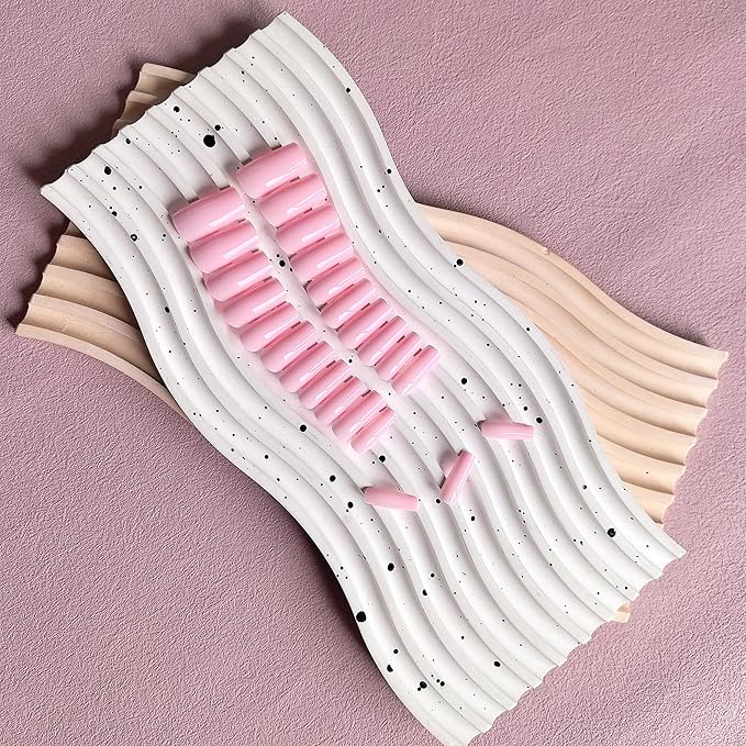 KQueenest Baby Pink Press on Nails Long Medium Square, Light Rose Pink Fake Nails Medium Coffin, Glossy Sheer Color Acrylic Nails Press ons, Reusable Bright Soft Gel Glue on Nails for Women Summer